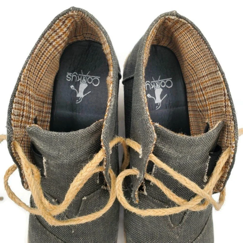 Corkys Sand Faded Black Sparkle Canvas Woven Jute Wedge Lace-Up Ankle Booties